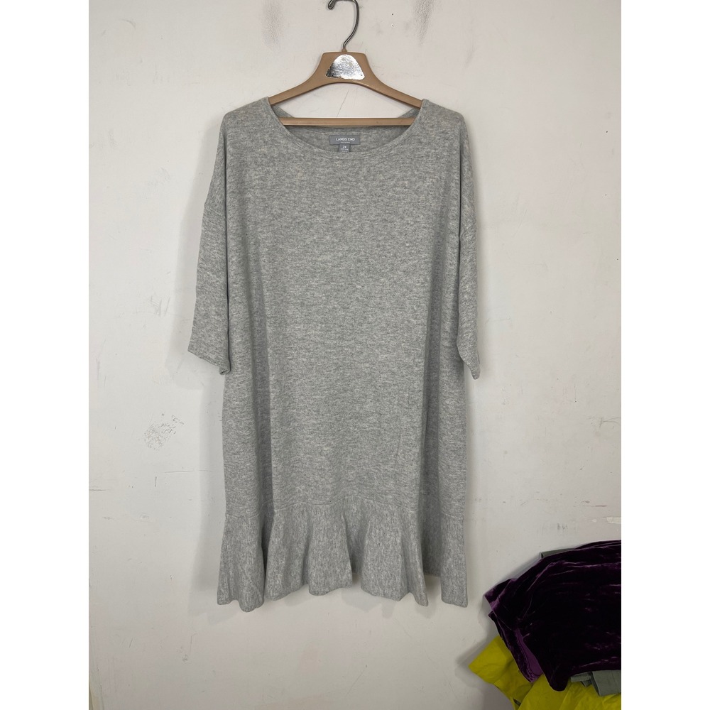 Lands' End Womens 2X Gray 100% Cashmere Ruffle Hem Tunic Sweater Dress NEW
